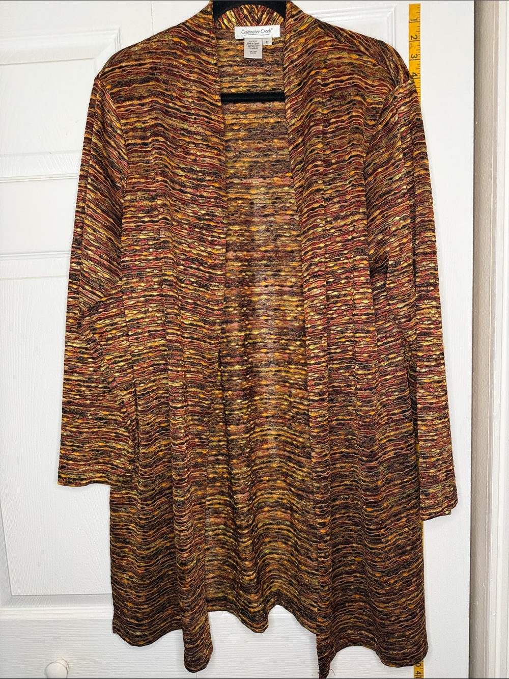 Coldwater Creek Multicolor Open-Front Cardigan in Mustard, Rust & Black